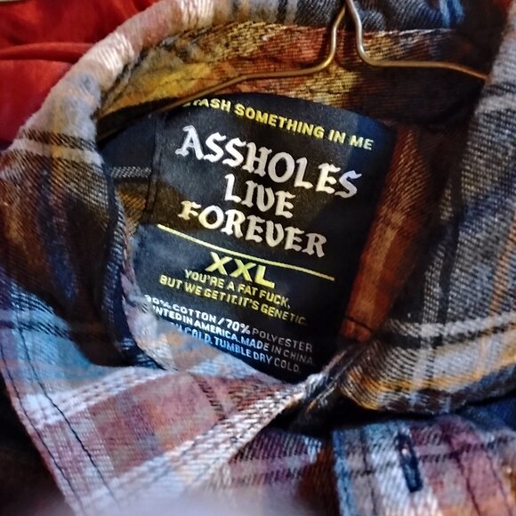 Men's Plaid XXL ALF Long Sleeve Flannel Embroidered Shirt A-Holes Live Forever - Picture 3 of 5